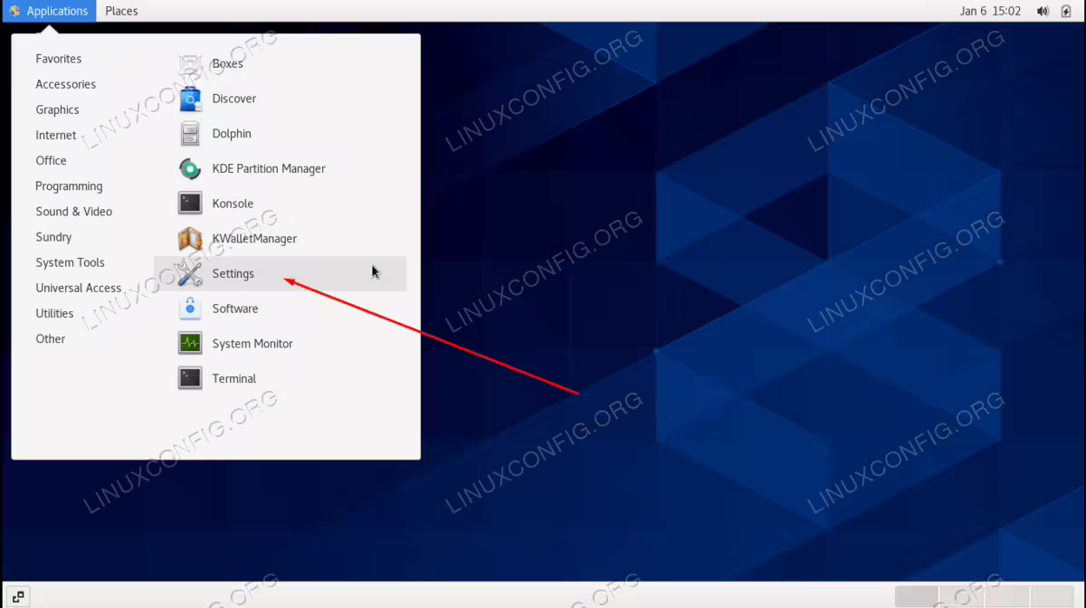 Open the Settings menu on CentOS KDE desktop