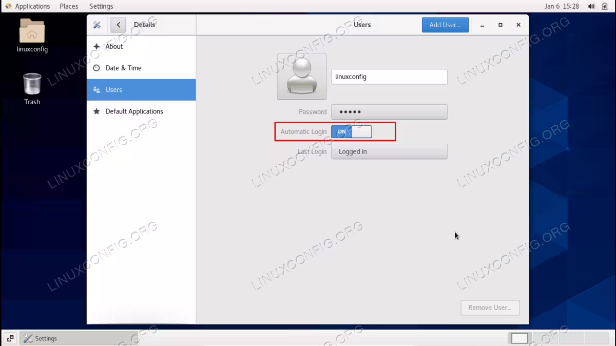 Enable automatic login within the Users tab inside the Settings menu