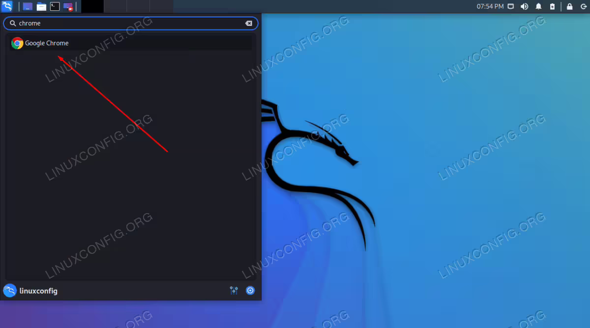 Searching for Google Chrome on in the Kali application launcher
