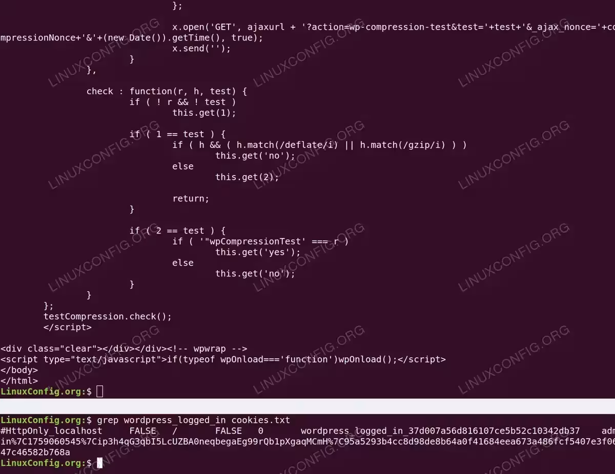 Terminal screenshot showing WordPress compression test JavaScript code examining browser capabilities, followed by grep command output revealing a WordPress logged-in cookie with session token for admin user