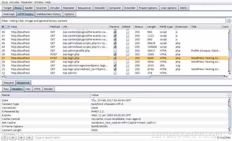 Unsuccessful WordPress login headers captured by Burp Suite