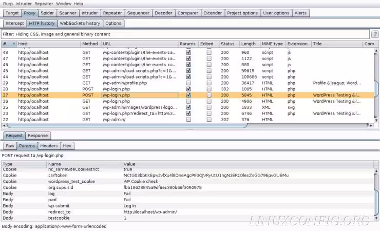 Unsuccessful WordPress login captured by Burp Suite