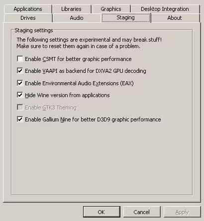 Winecfg Staging Settings