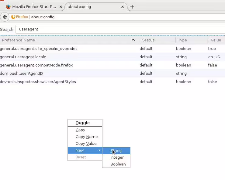 Create a new configuration entry in Firefox