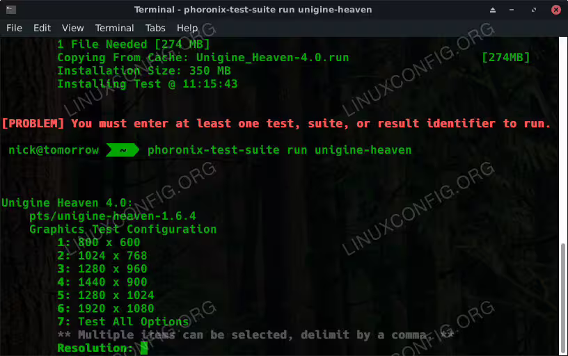 Phoronix Test Suite Test Settings