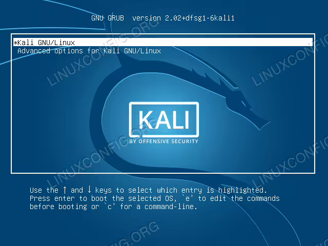 Boot to Kali GRUB menu