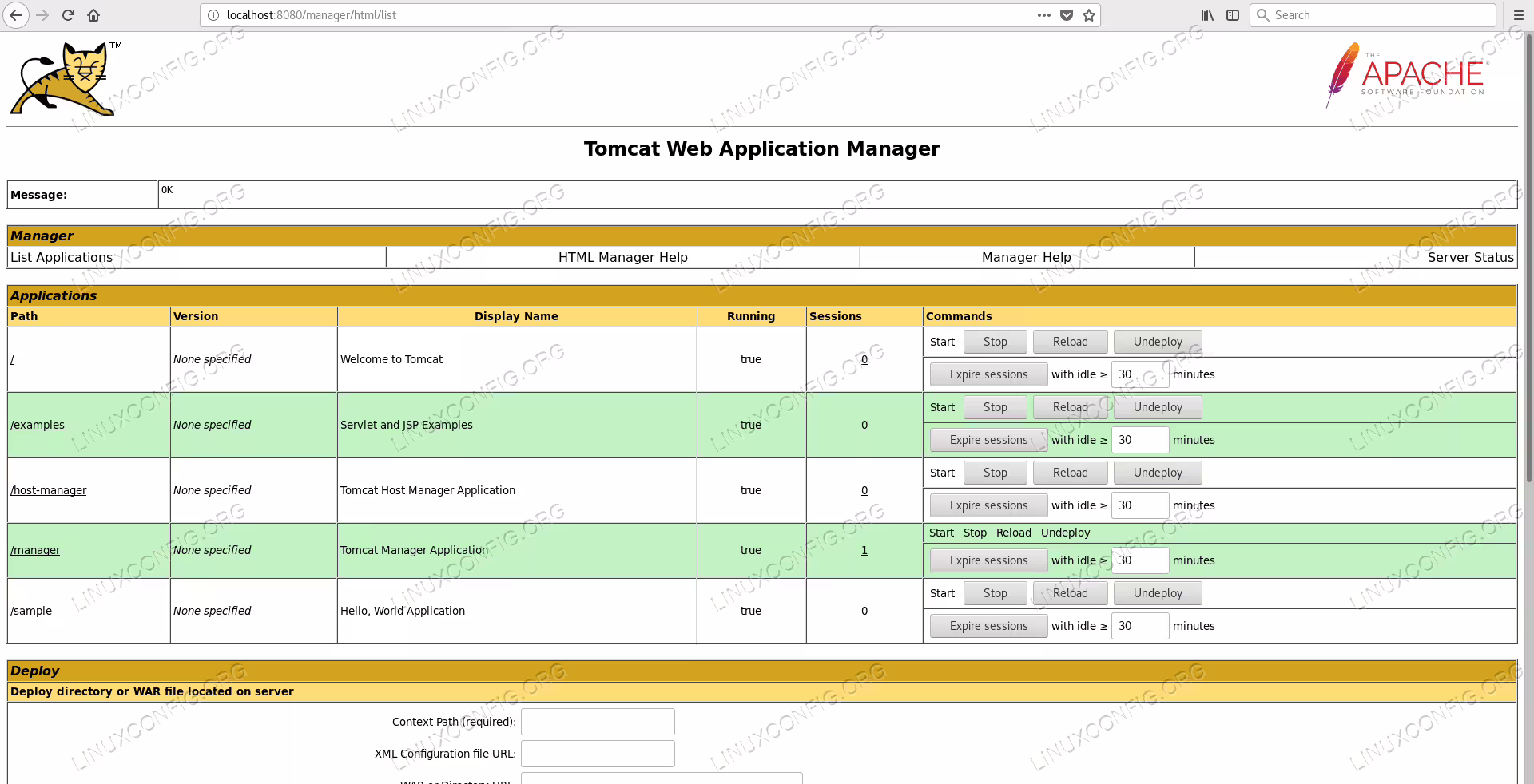 List of deployed applications in Tomcat