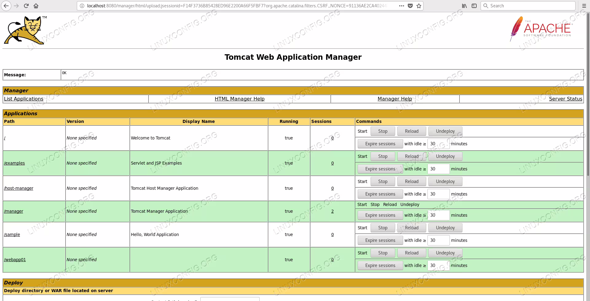 Successful deployment with the Manager Application