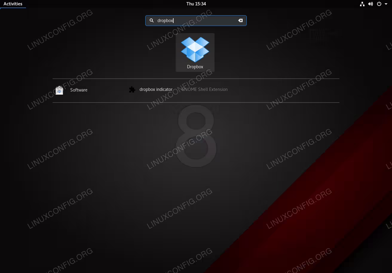 Launch Dropbox client on RHEL 8 / CentOS 8 Workstation.