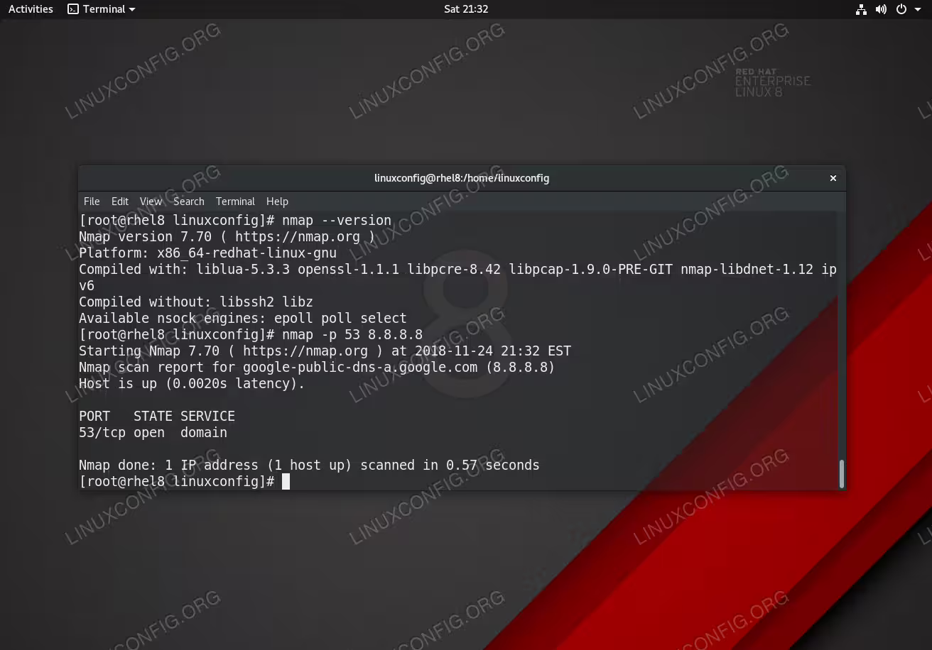 Nmap command on RHEL 8 Linux Server/Workstation