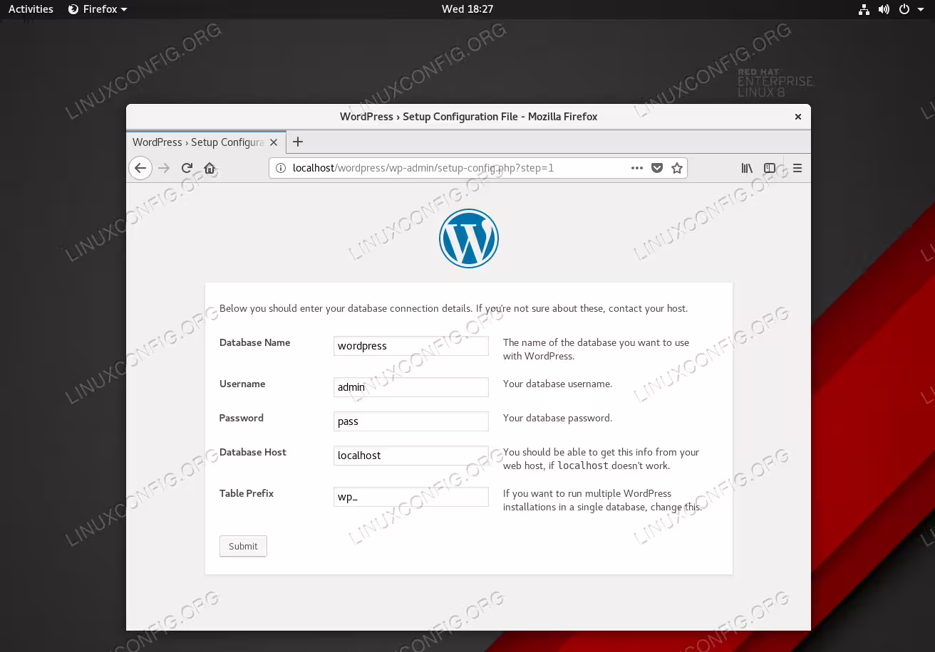 Enter previously configured database details.