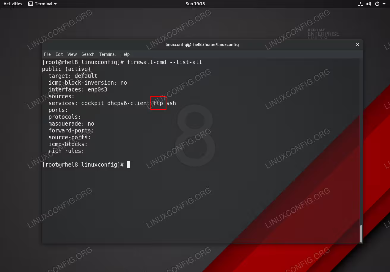 RHEL 8 / CentOS 8 - FTP protocol service. Open port 21