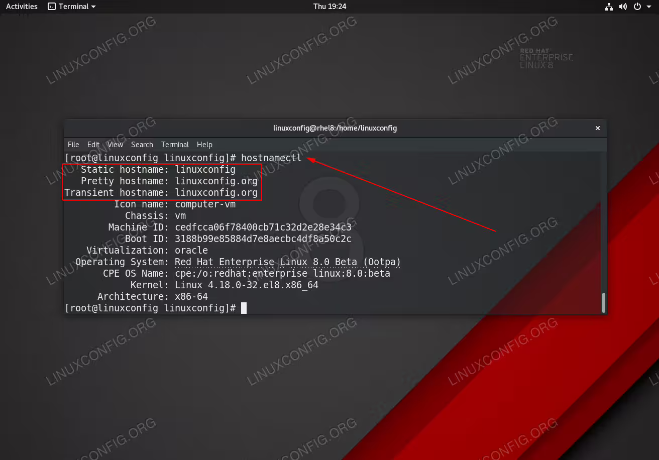 Check hostname on RHEL 8 Linux system using hostnamectl command