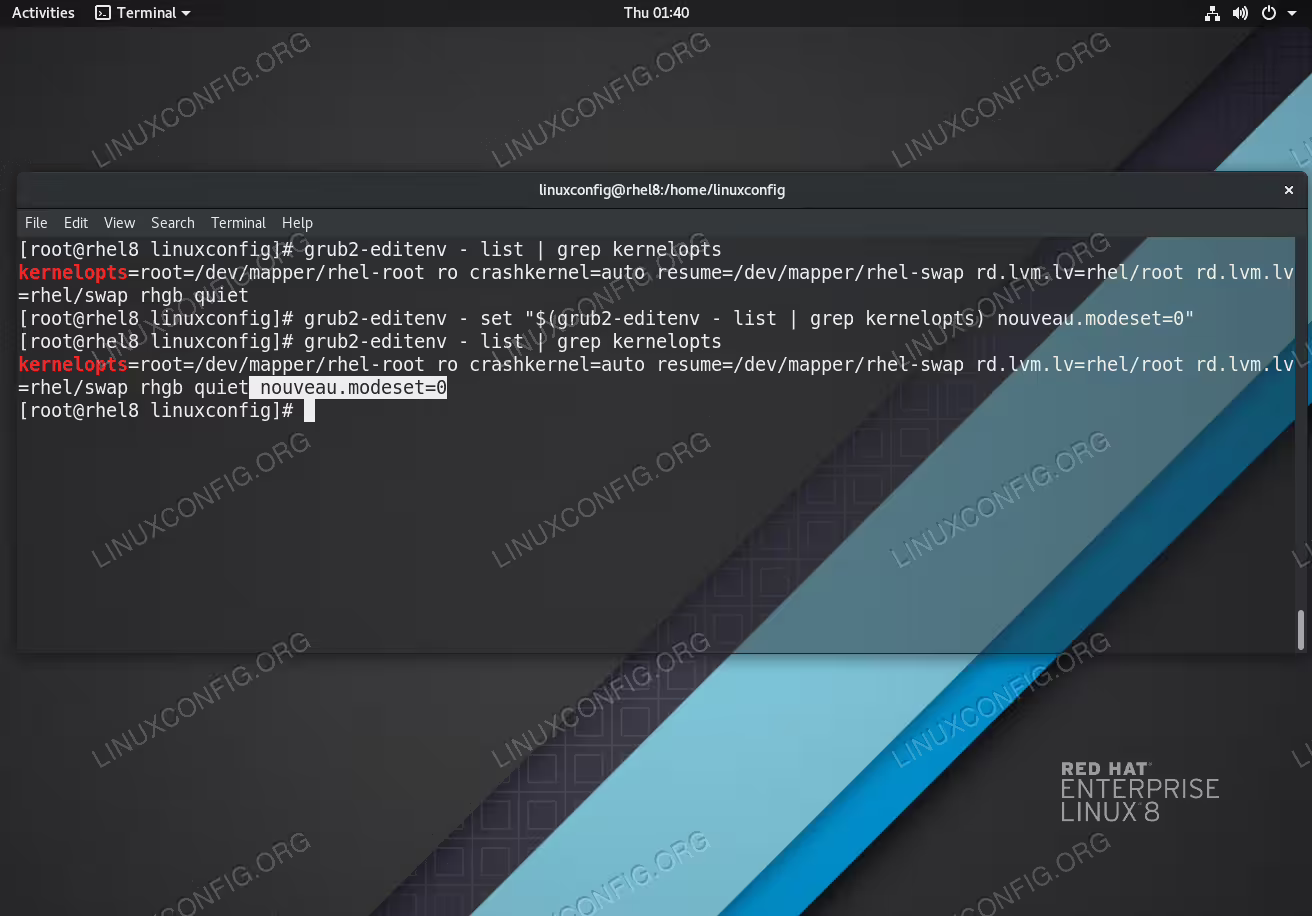 Disabling nouveau driver on Red Hat Enterprise Linux 8 Workstation.