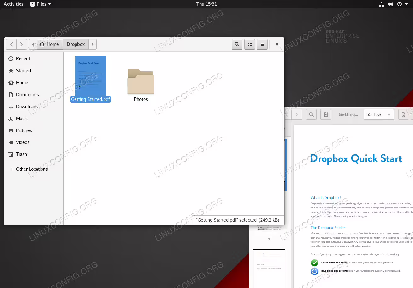 Dropbox on RHEL 8 / CentOS 8 Workstation.