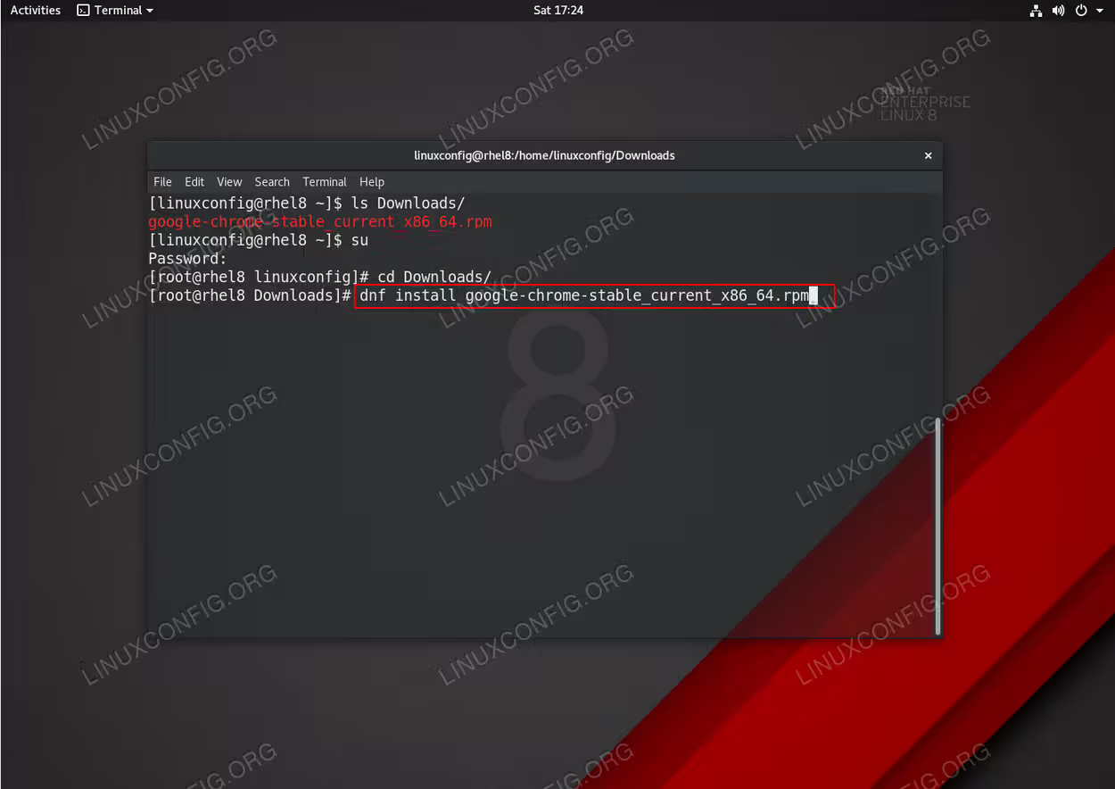 Installation of Google Chrome RPM package using dnf command on Redhat 8 Linux