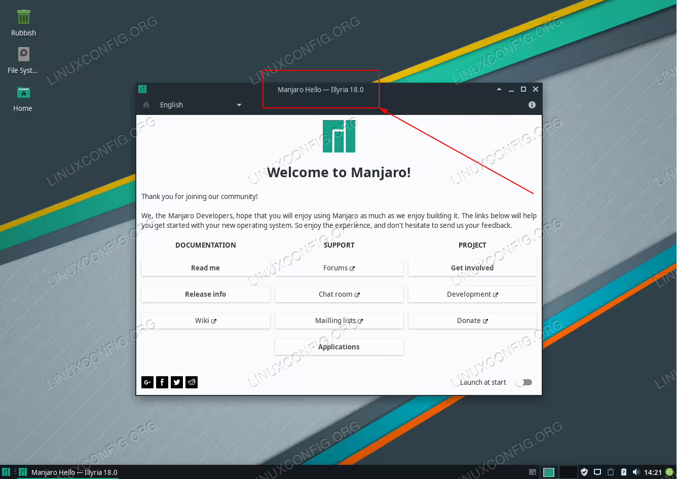 Locate Manjaro Linux version on the Manjaro Hello window title bar