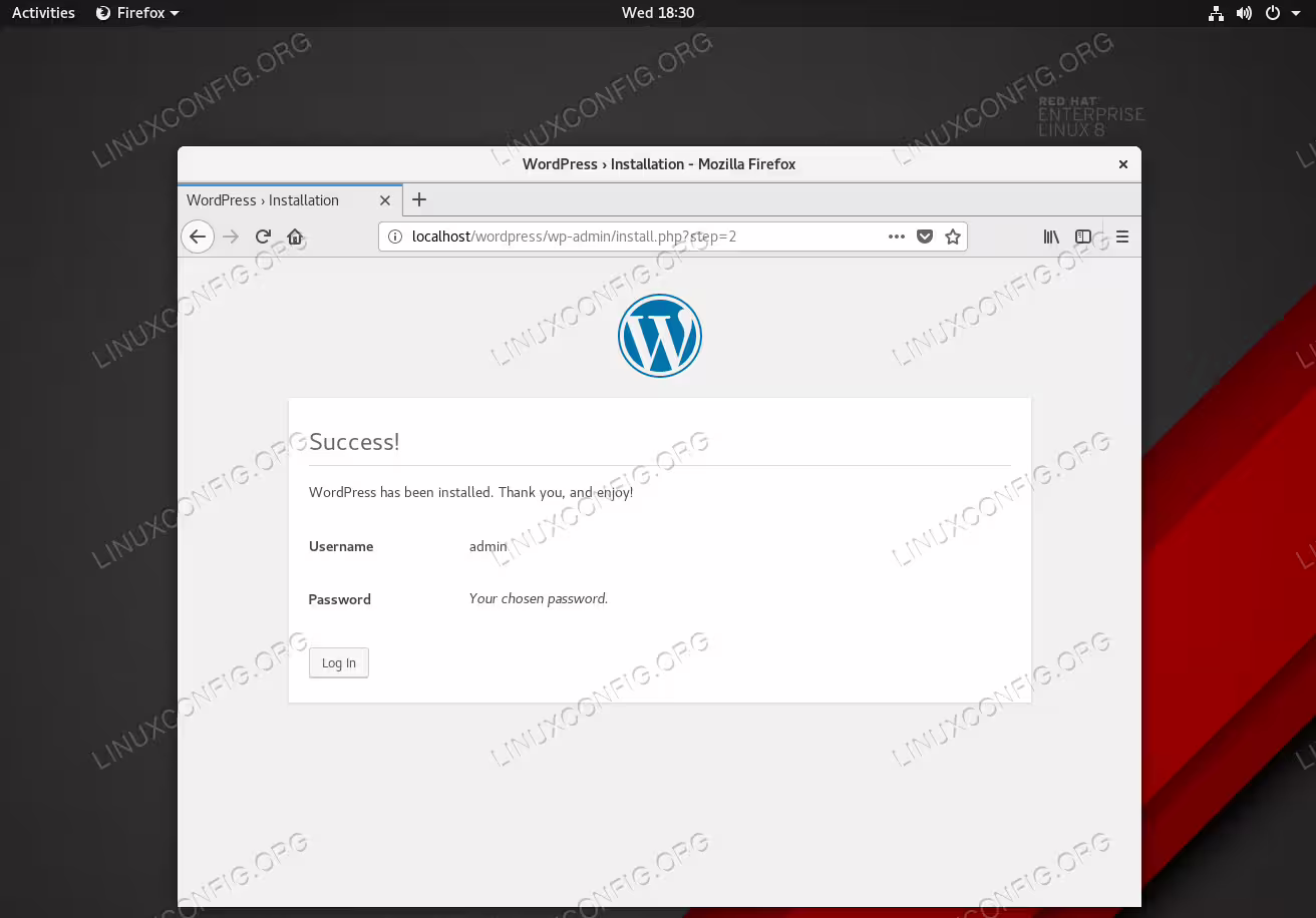 This screen will show once the WordPress installation was successful.