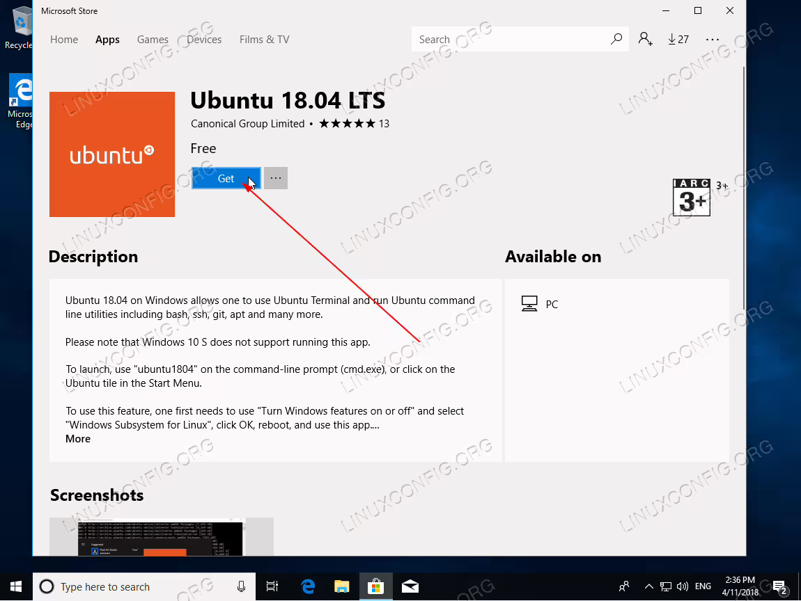 Download the Ubuntu 18.04 application from Microsoft store