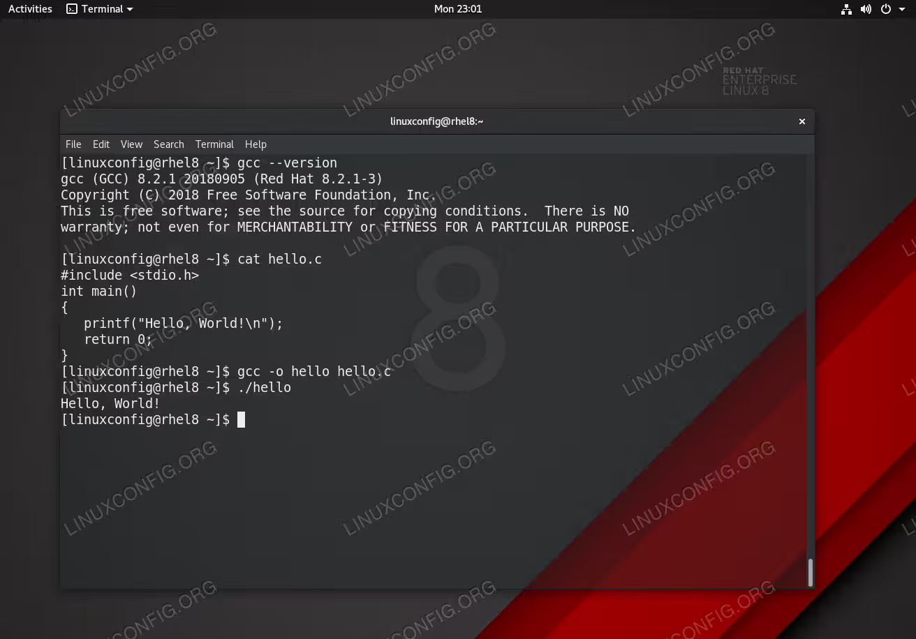 GCC the C compiler on RHEL 8 and Hello world C program example.