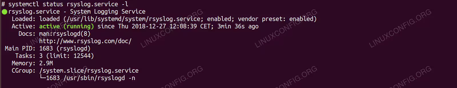 Status output of rsyslog service with systemctl.