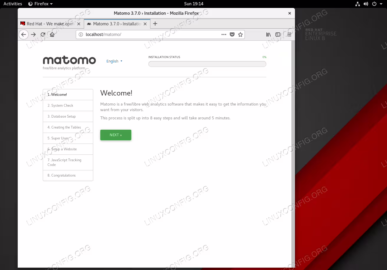 Matomo installation wizard welcome page.