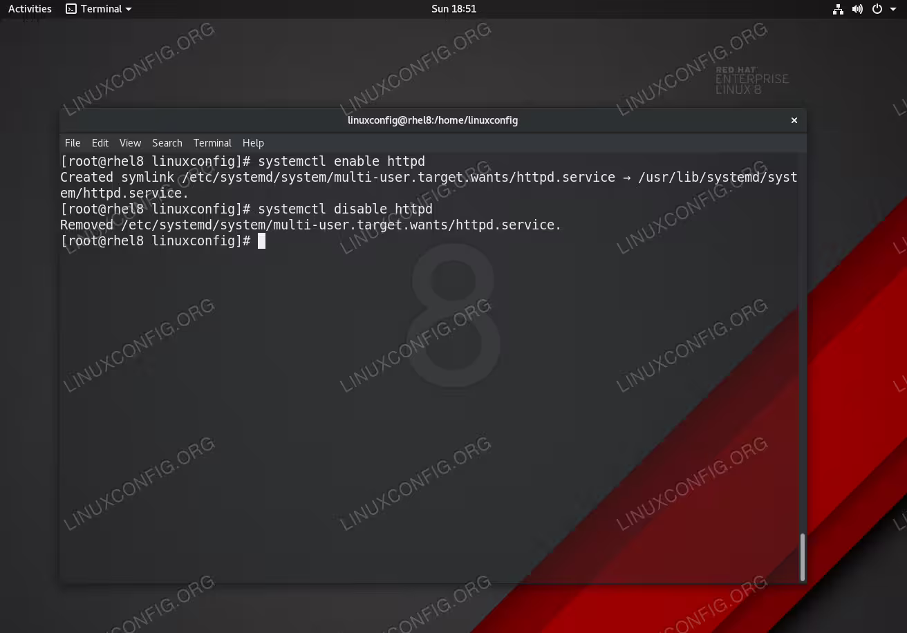 Using systemclt command to Enable or Disable service to start on Boot with RHEL 8 / CentOS 8.