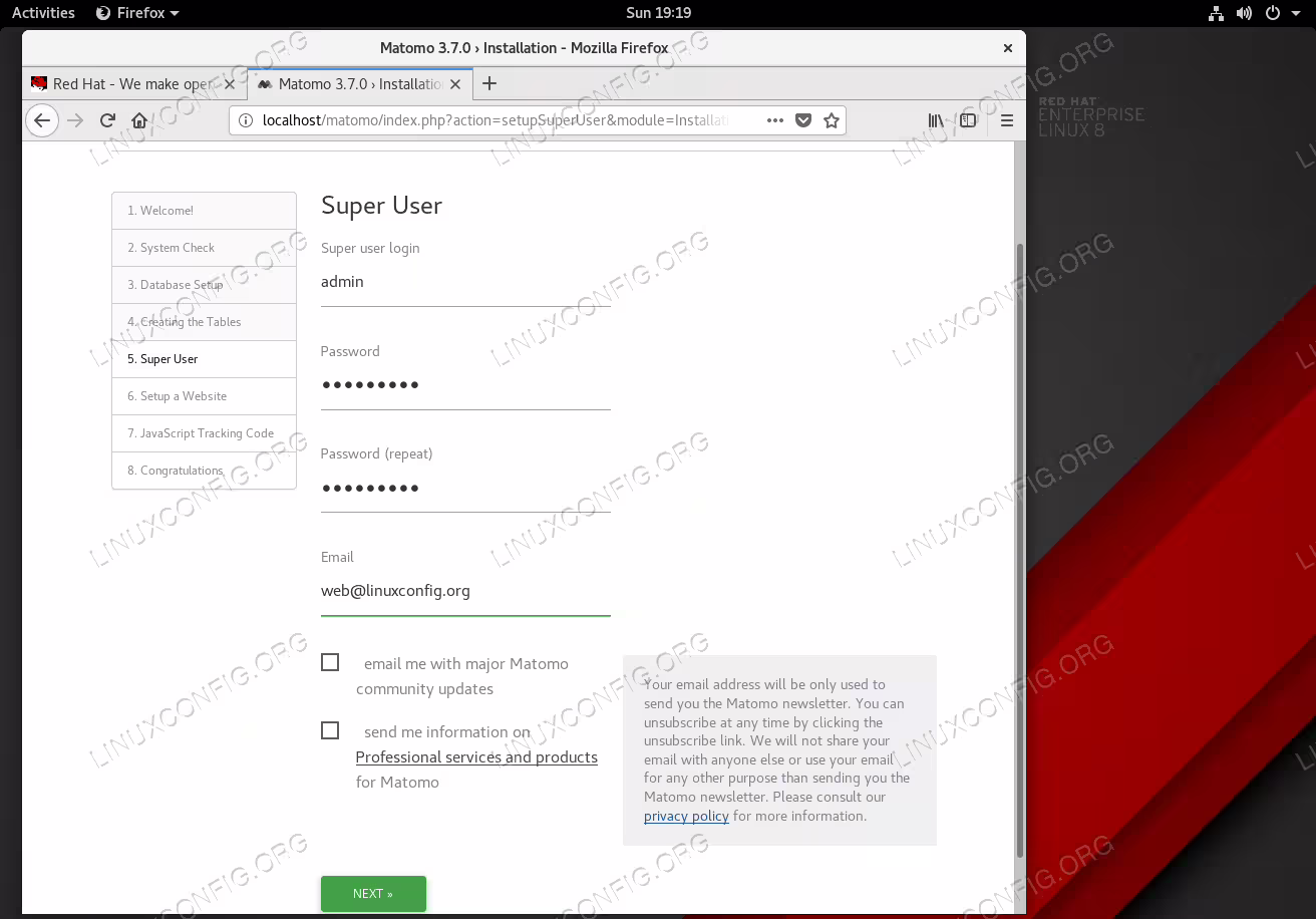 Setup super user Matomo user account.