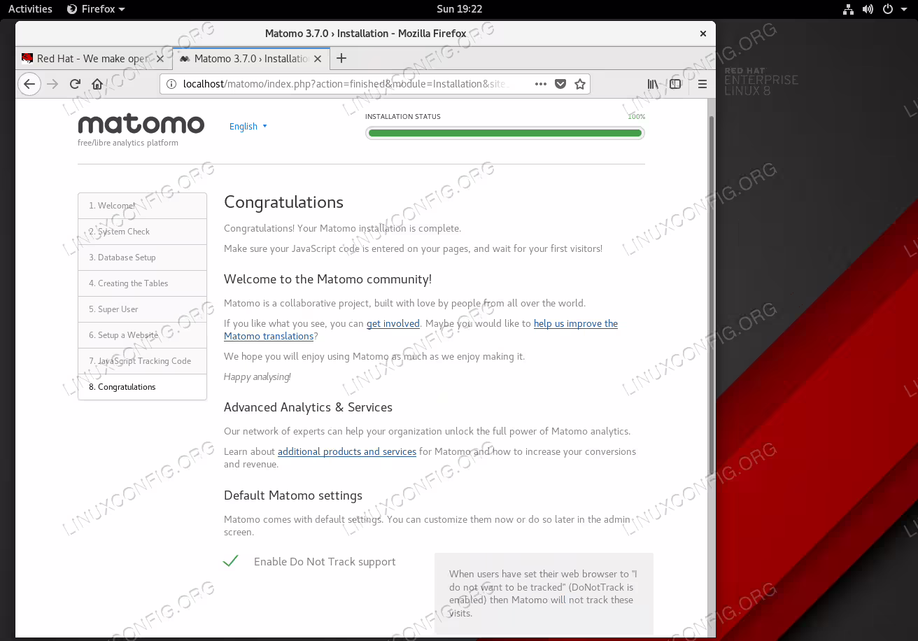 Matomo (Piwik) installation on Red Hat Enterprise Linux 8 Completed.