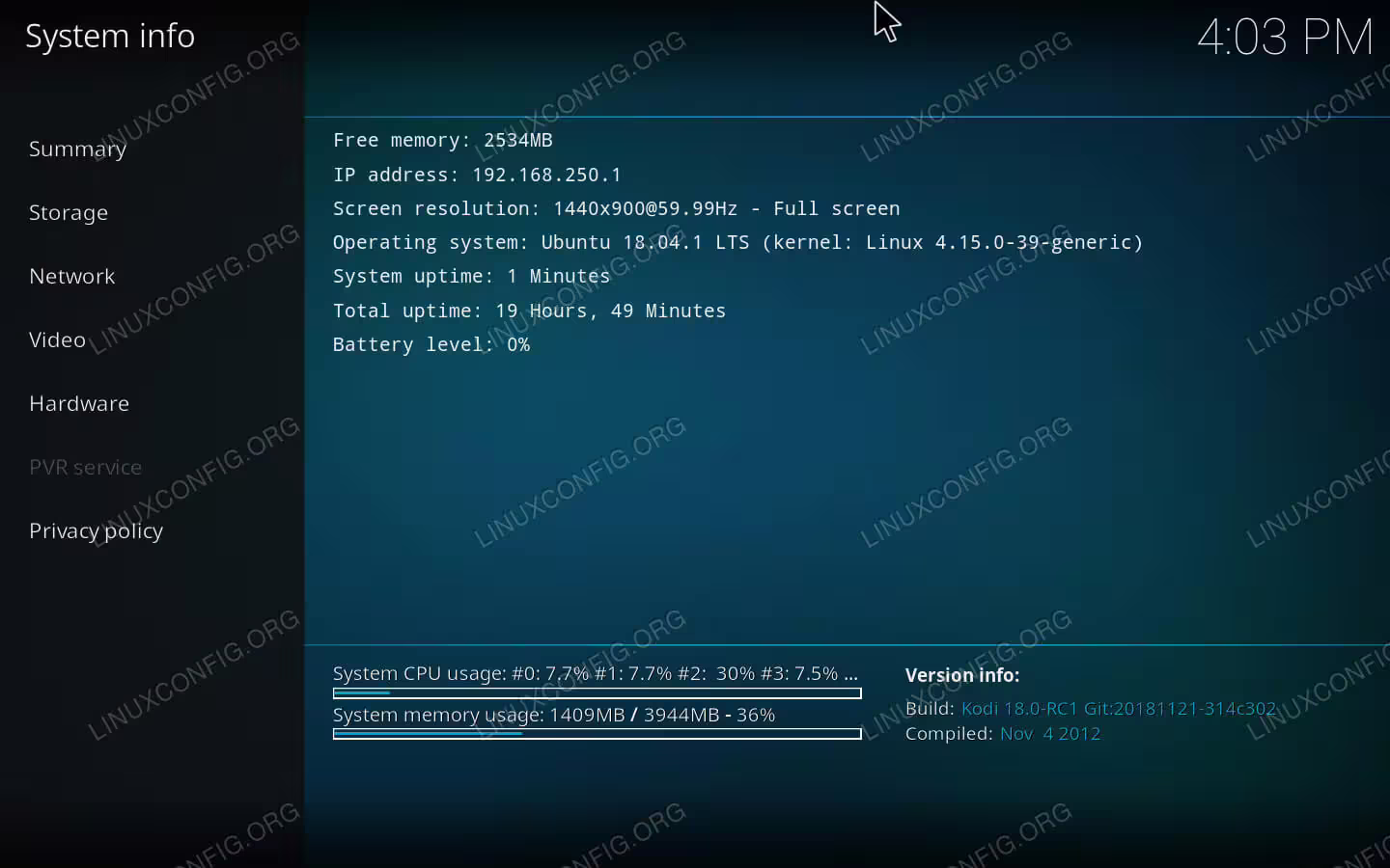 Kodi Beta System Info on Ubuntu