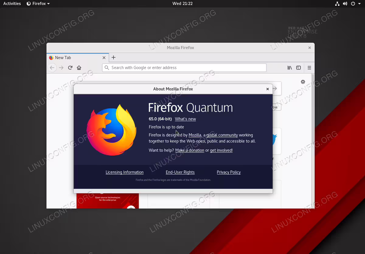 Latest Firefox Quantum Internet browser on RHEL 8 / CentOS 8 workstation