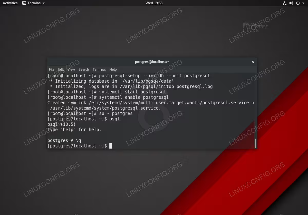 Initializing and accessing PostgreSQL database on Red Hat Enterprise Linux 8