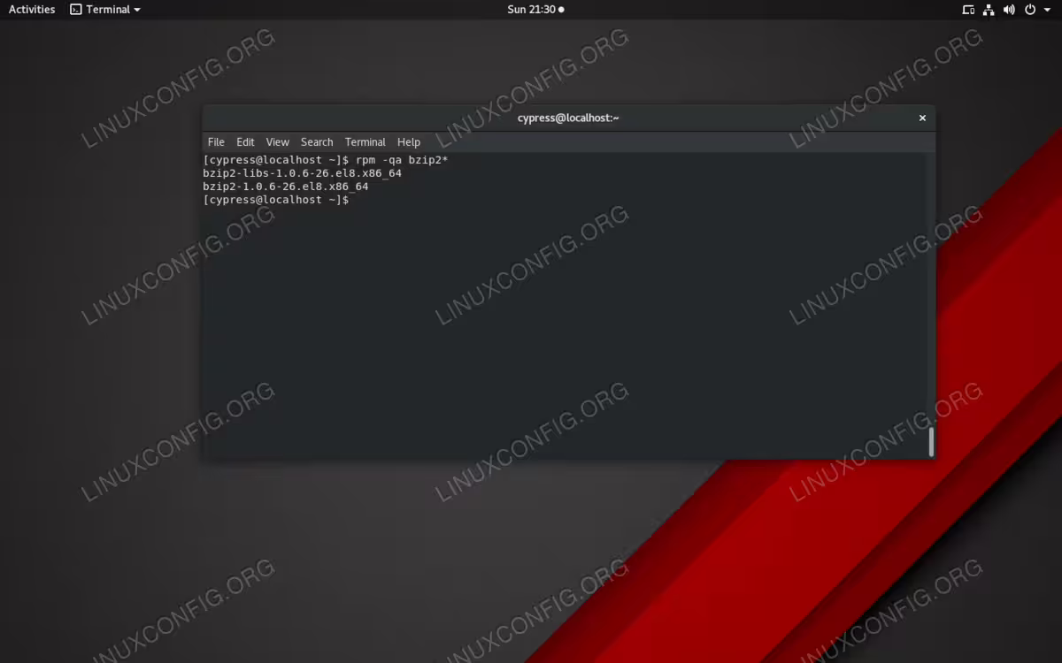Look for all packages related to bzip2 by querying them with the rpm command