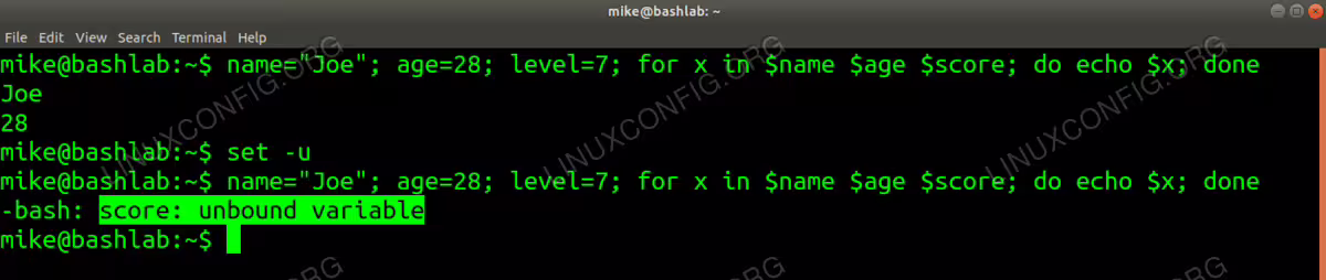 set u option at command line