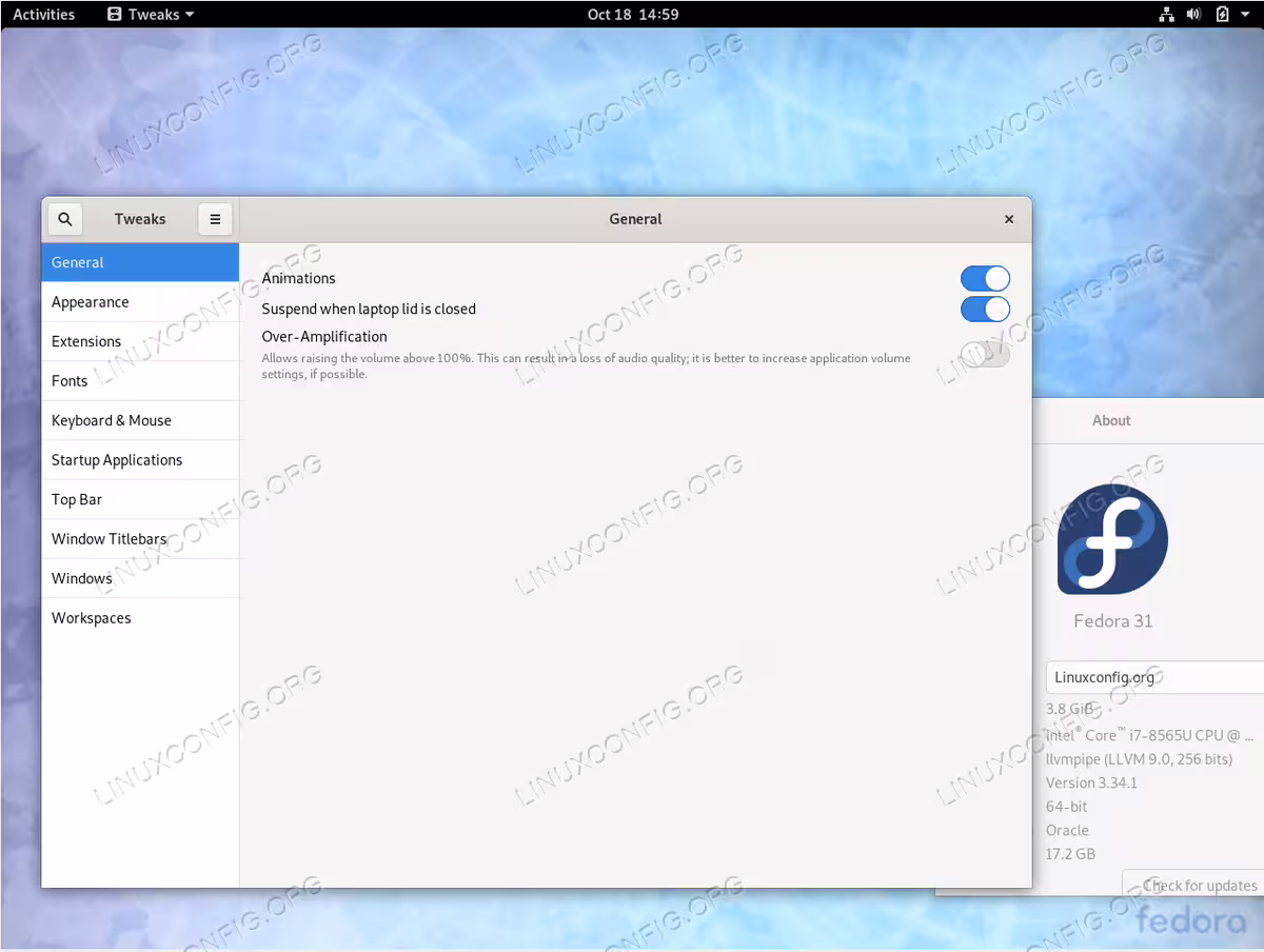 Gnome Tweak Tool on Fedora 31