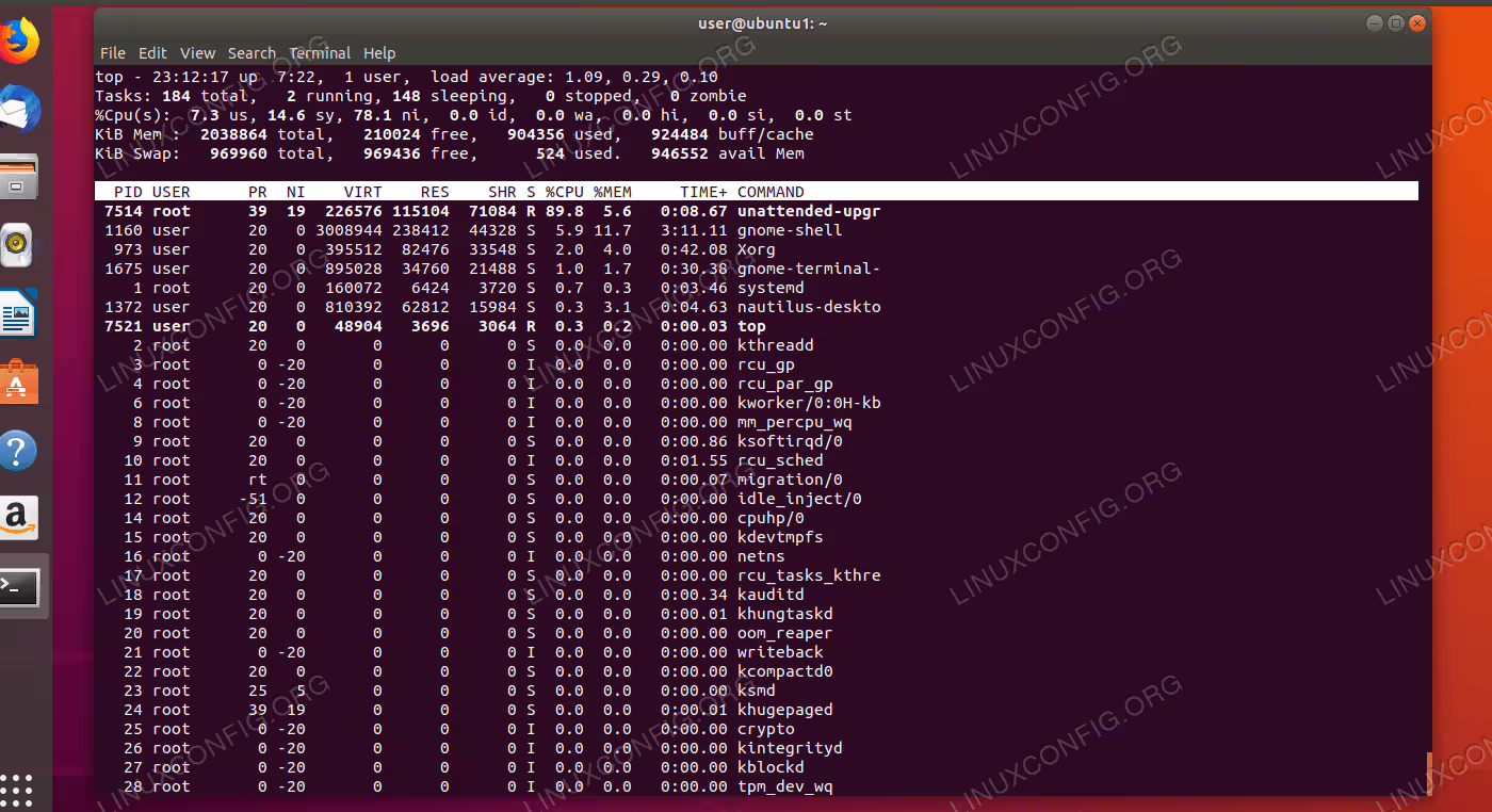 Checking the current CPU usage with top command