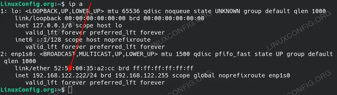 The result of the ip a command on a Linux system, indicating the local IP address for the network interface.