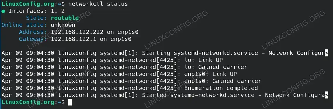 the networkctl status command output on a Linux system, indicating the state of the network interfaces and the local IP address along with the gateway on interface enp1s0.