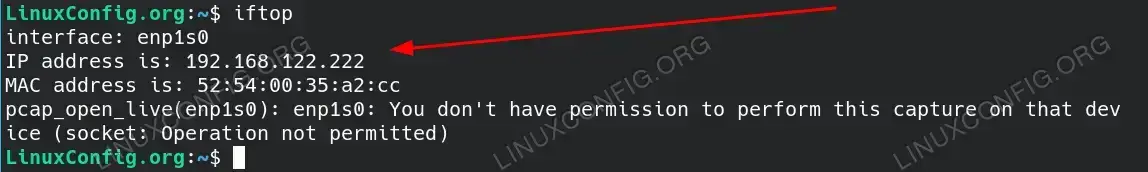 The image displays the iftop command output, showing the IP and MAC addresses for a network interface.
