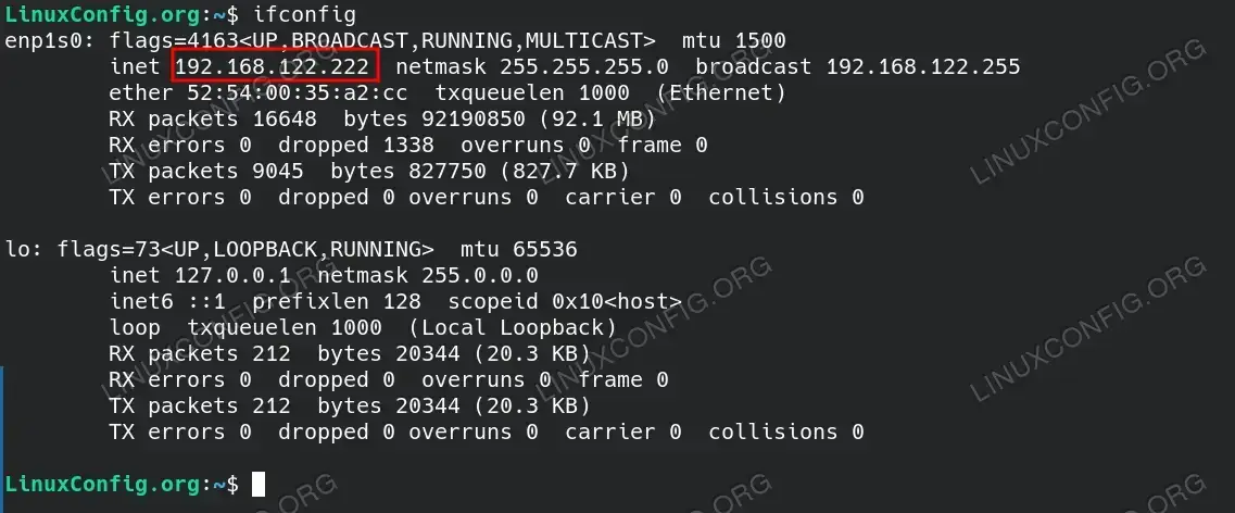 The image showcases the ifconfig command output, listing network interface details such as the IP address, netmask, broadcast address, and the MAC address, alongside statistics on transmitted and received data packets.