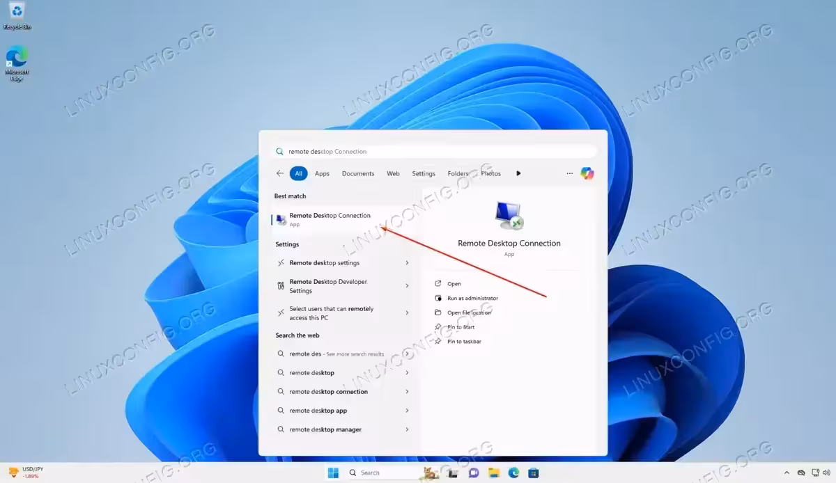 Opening the Remote Desktop Connection application on Windows