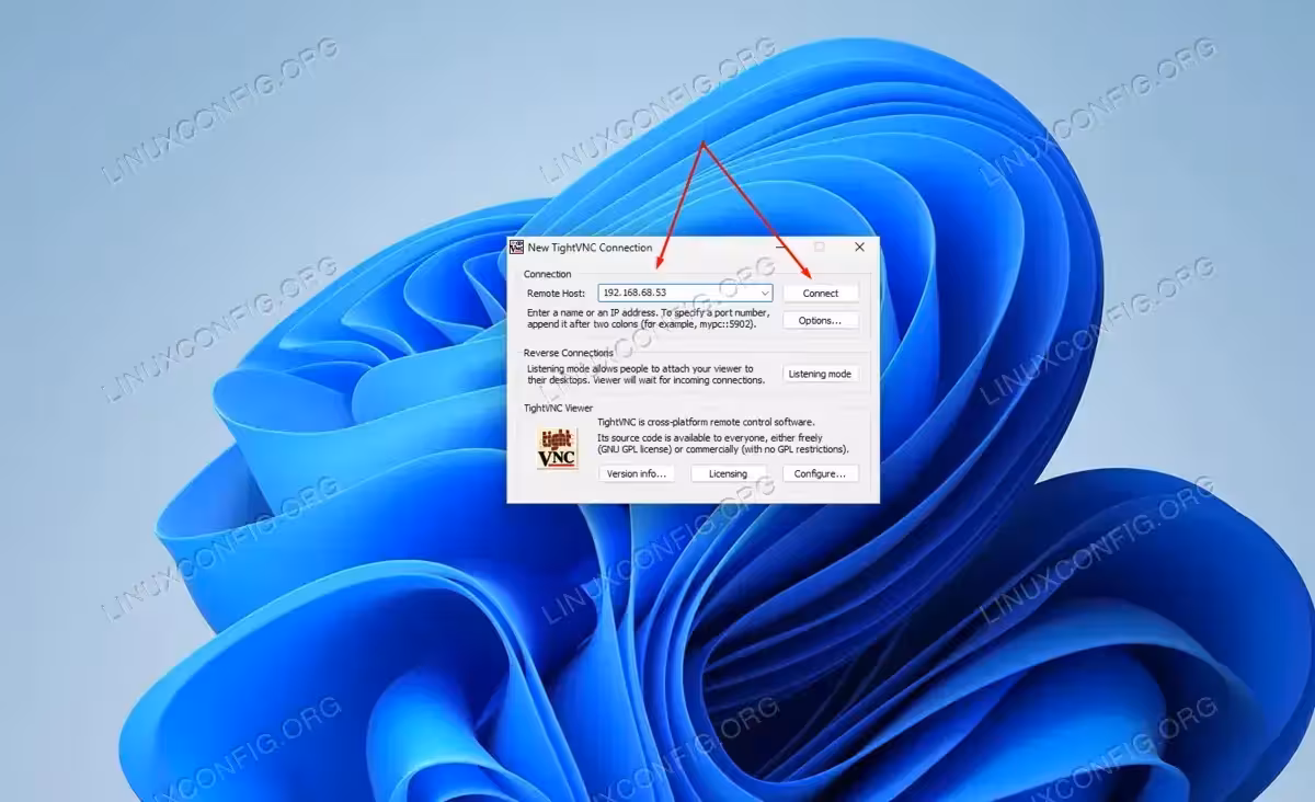 Entering the Ubuntu IP address to connect to it with VNC