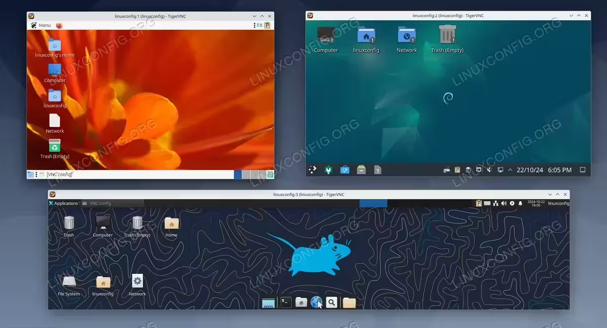 VNC client connection to multiple VNC server sessions on the single VNC server with GNOME Classic, KDE and XFCE Desktop Environments