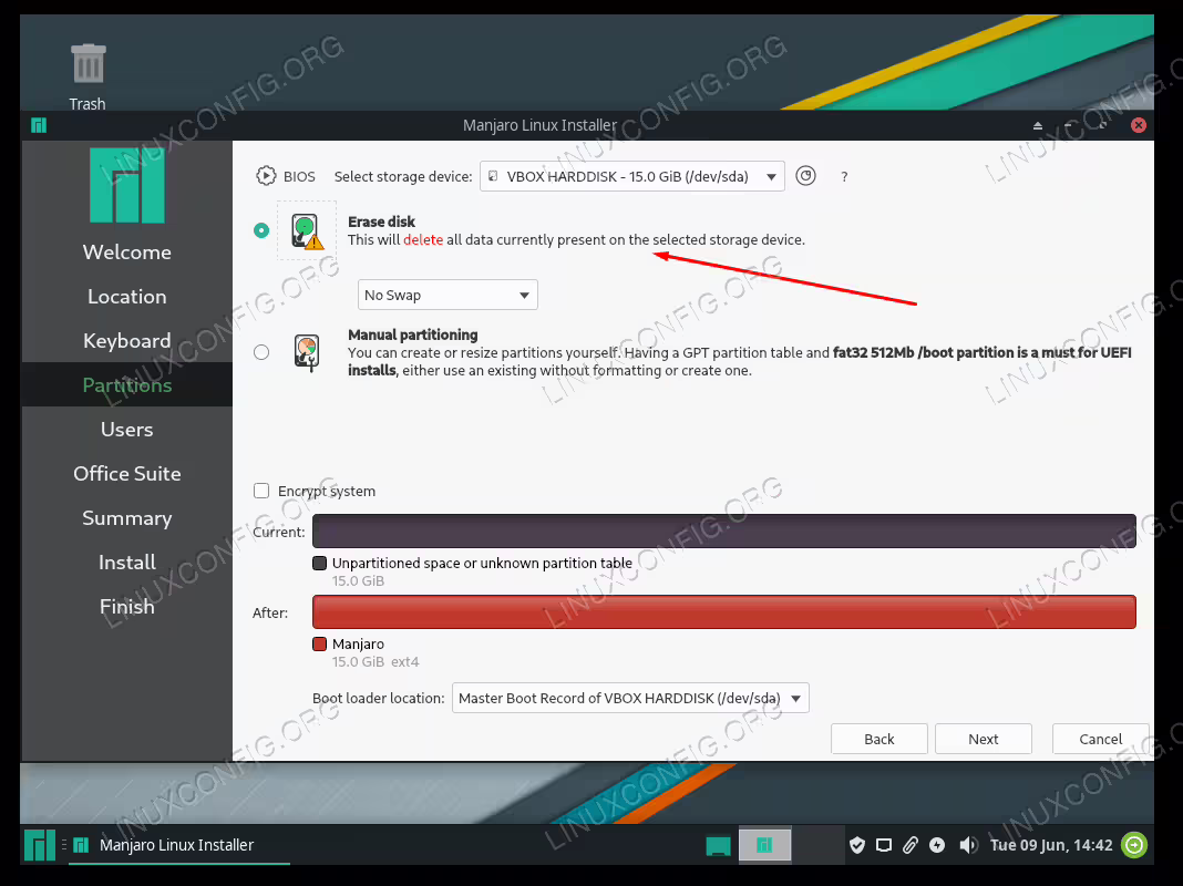 Select hard disk and configure partitioning
