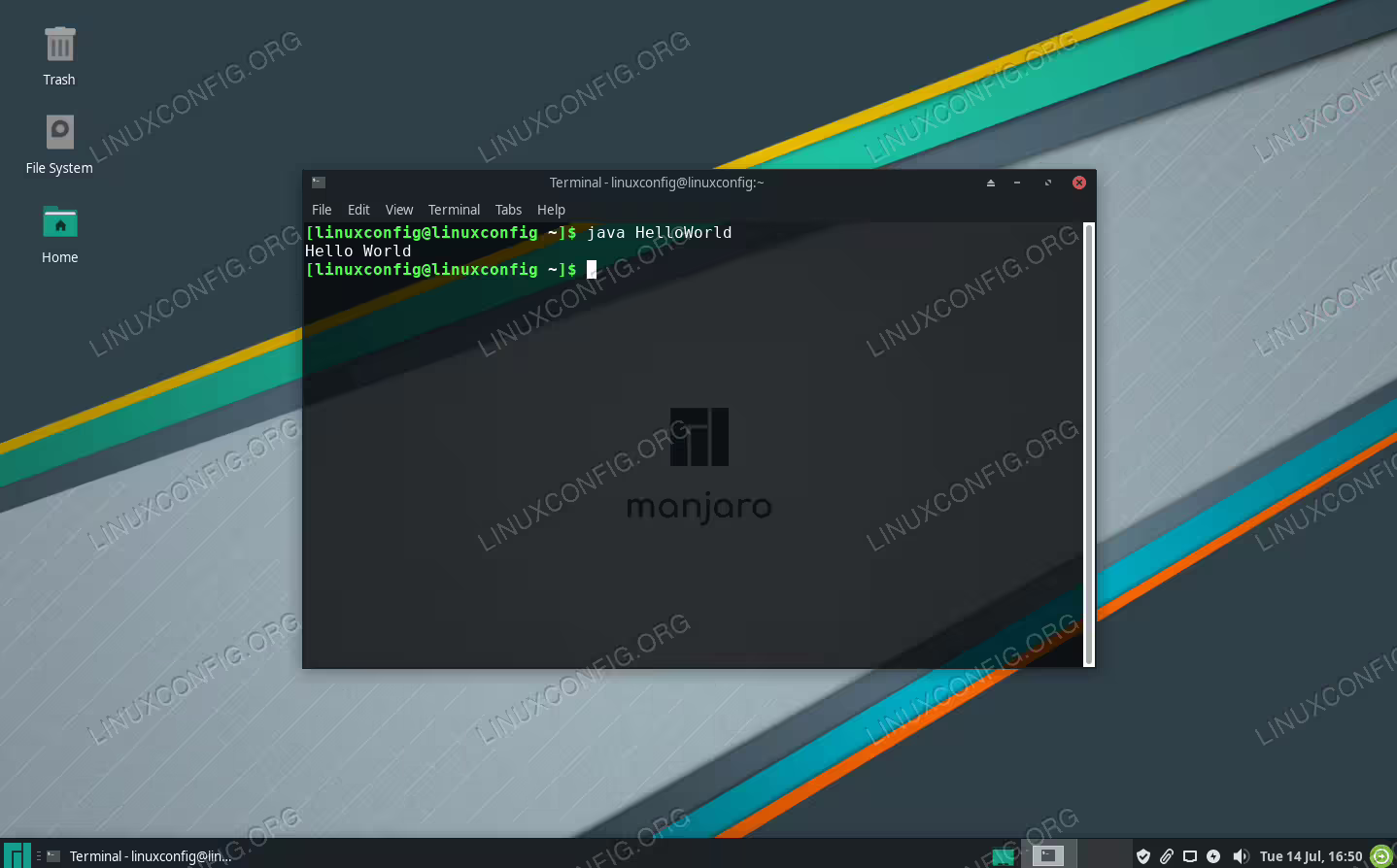 We have successfully compiled and run our Hello World program using OpenJDK on Manjaro