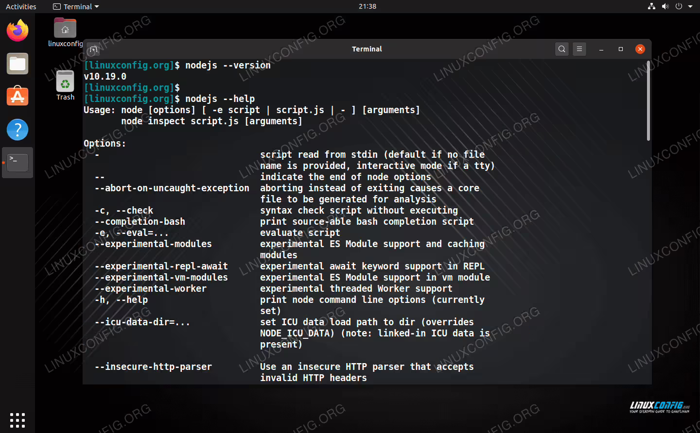 Checking the Node.js version and help menu on Linux