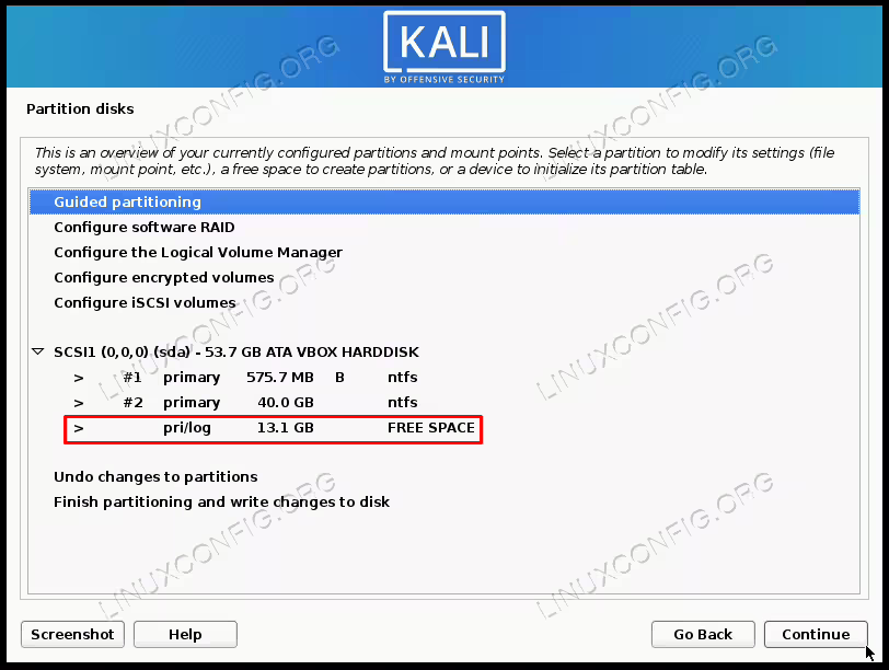 You can see the free space now available, select guided partitioning