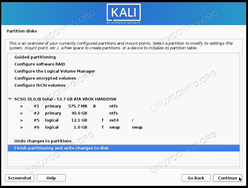 Finish partitioning and write changes to disk