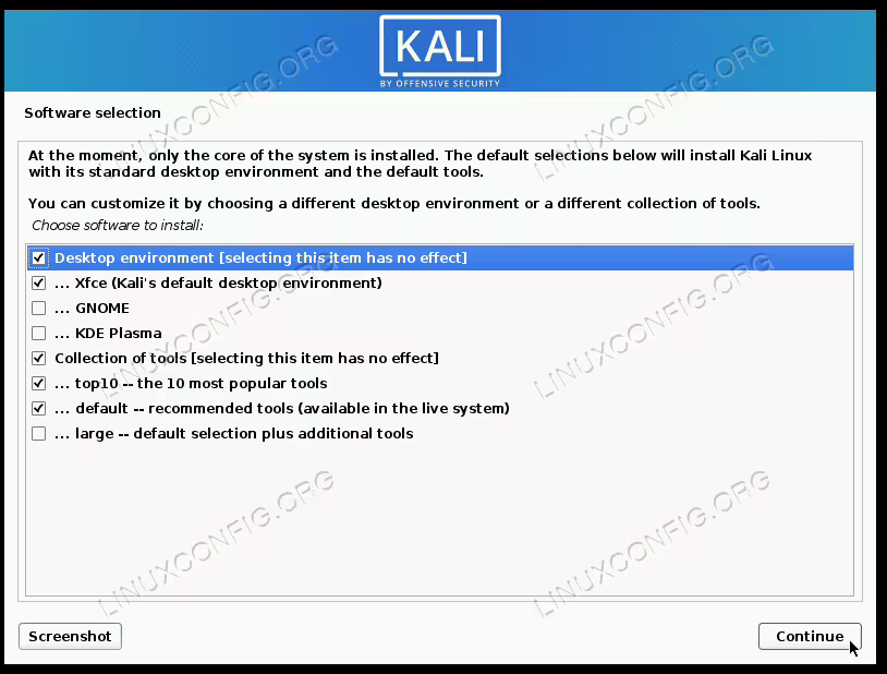 Select which packages you want included on your new Kali install