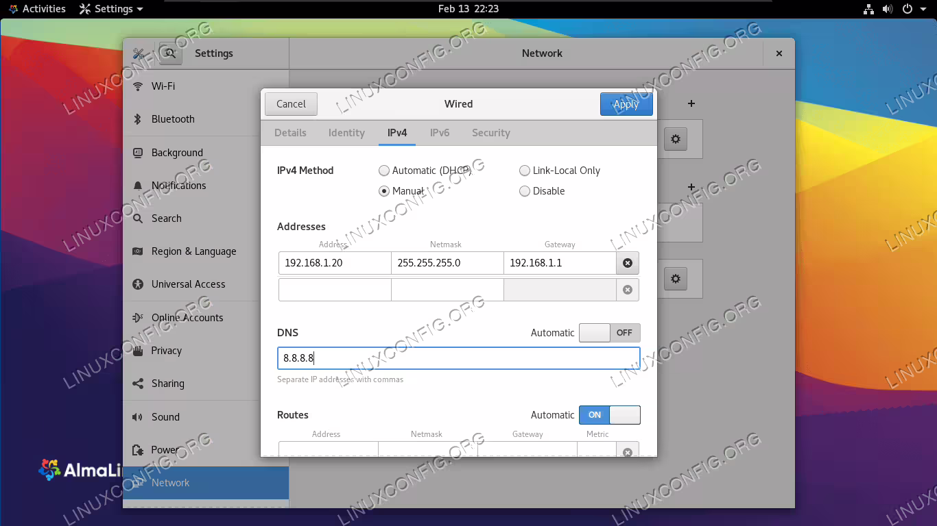 Fill out the desired network information for the interface
